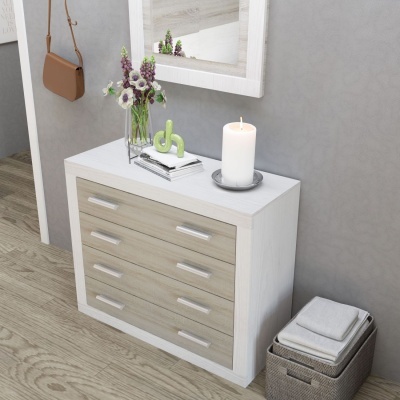 Cómoda branca com gavetas de madeira clara num quarto cinzento com decoração em cima