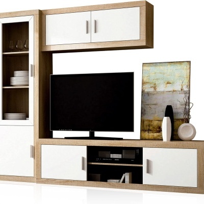 Mobiliário para sala de estar com prateleira de vidro, televisão e decoração