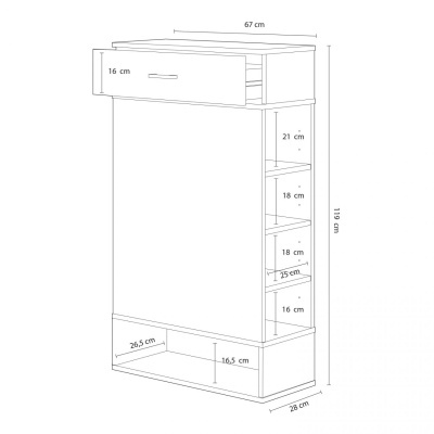 Desenho técnico de móvel para parede com gaveta e prateleiras, medidas em centímetros