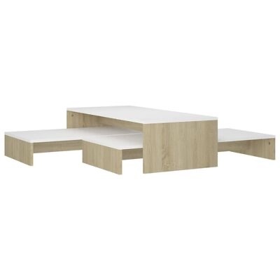 Mesa de centro modular em madeira clara com tampo branco sobre fundo branco