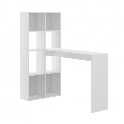 Móvel multifunções branco com estante e mesa suspensa