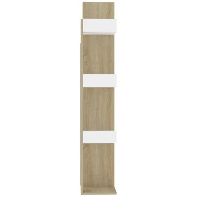 Estante alta de madeira clara com três prateleiras brancas