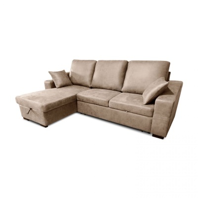 Sofá cinza bege com chaise longue e almofadas