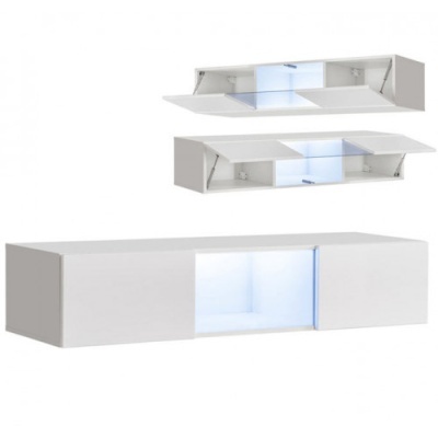 Conjunto de móvel suspenso e estante branca com iluminação LED azul