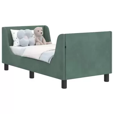 Cama de criança estofada verde com almofadas e peluche