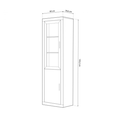Desenho de armário alto com portas, uma de vidro, com medidas.