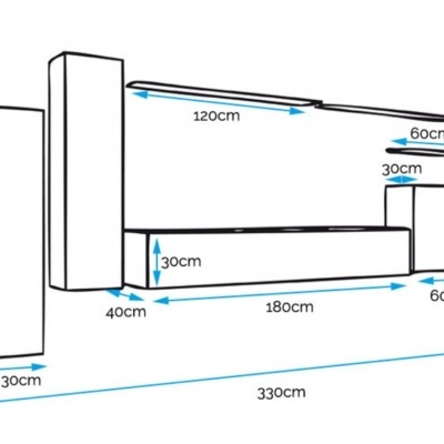 Diagrama de móveis brancos com dimensões em centímetros