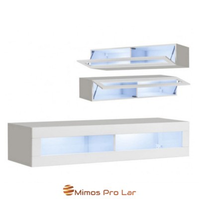 Conjunto de móveis de parede brancos com portas de abrir e iluminação azul