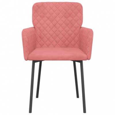 cadeira estofada cor-de-rosa com padrão em losangos e pernas metálicas pretas
