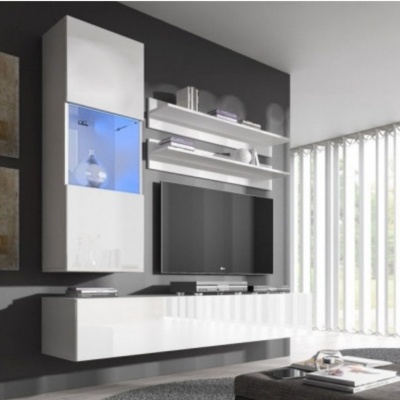 Móvel de sala moderno branco lacado com iluminação azul e televisão num ambiente contemporâneo