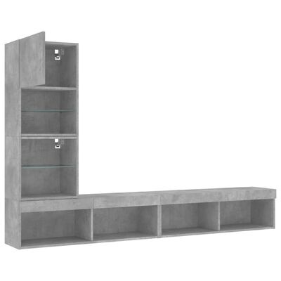 Estante modular de parede cinza com prateleiras de vidro e compartimentos abertos