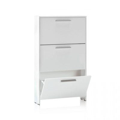 Móvel de arrumação branco com três gavetas inclinadas e puxadores metálicos