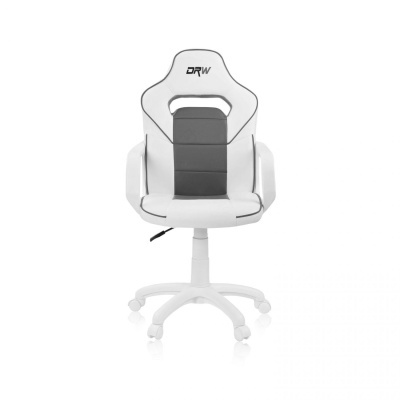 Cadeira de escritório branca e preta com apoio de braços e rodízios