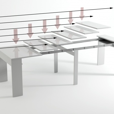 Mesa extensível branca com várias opções de comprimento indicadas com setas e medidas em centímetros