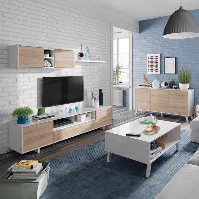 Sala de estar moderna com móveis em madeira clara e branca e decoração minimalista