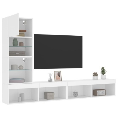 Móvel de televisão modular branco com prateleiras de vidro e decoração