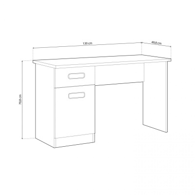 Mesa de escritório branca com gaveta e armário, vista técnica com medidas.