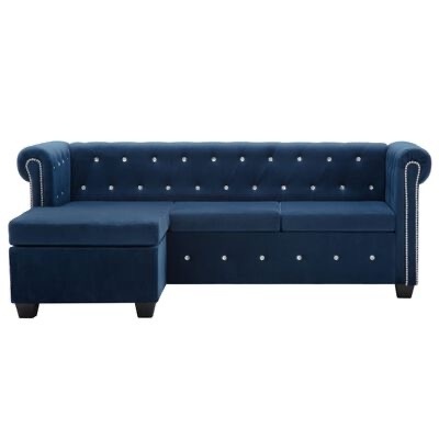 Sofá chaise longue azul escuro em veludo com botões brancos decorativos