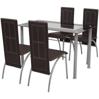 Conjunto de mesa de vidro e quatro cadeiras castanhas escuras com estrutura metálica prateada