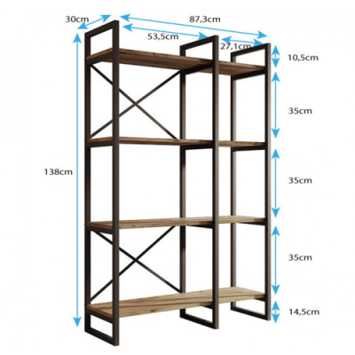 Estante de madeira com estrutura metálica preta e medidas em azul
