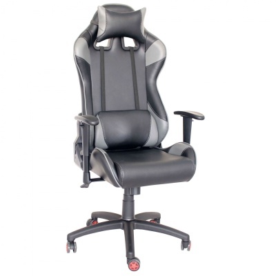 cadeira de escritório ergonómica preta e cinza com apoio de cabeça e lombar