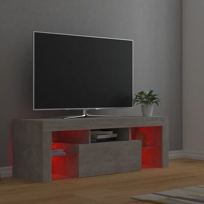 Móvel de televisão cinza com luzes vermelhas, televisão e planta decorativa