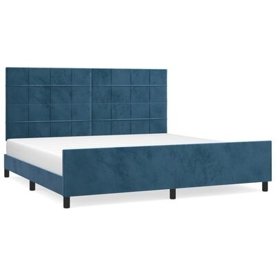 Cama de casal estofada azul com cabeceira quadriculada e colchão branco
