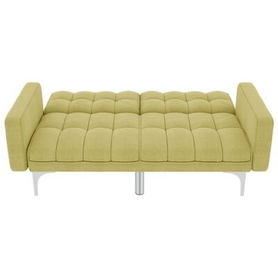 Sofá-cama verde-clarinho com braços e pernas metálicas