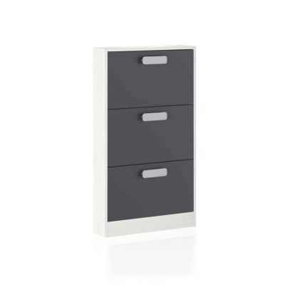 Móvel de arrumação branco com três gavetas cinza escuro e puxadores cinza