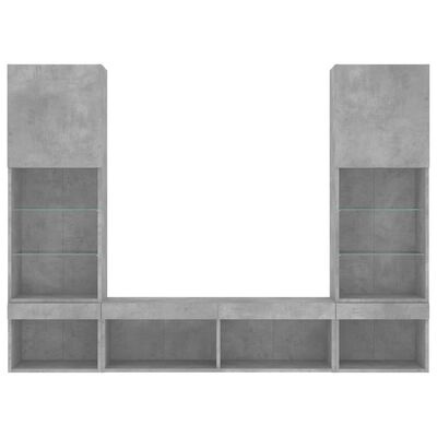 Móvel modular cinza claro com prateleiras de vidro e compartimentos abertos