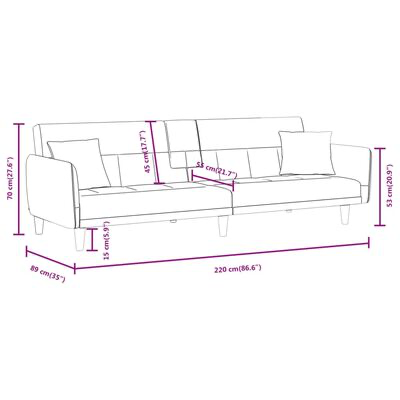Desenho técnico de sofá com dimensões em cm e polegadas
