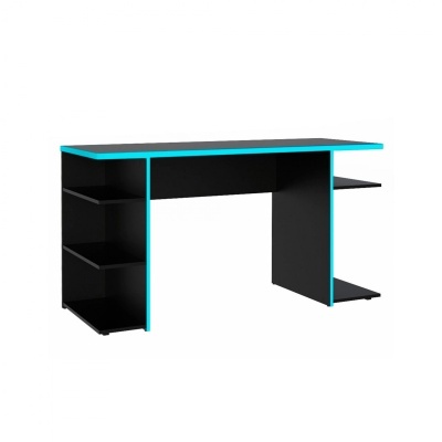 Secretária preta com detalhes azuis e prateleiras abertas dos dois lados