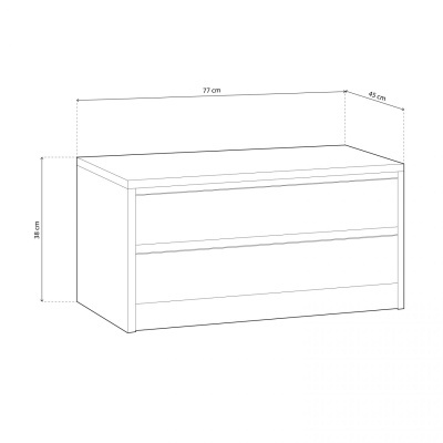 Desenho técnico de casseteira com medidas 77x45x38 cm e duas gavetas.