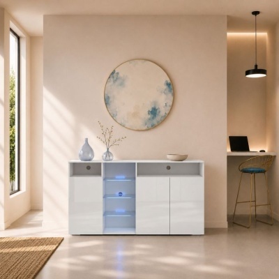 Móvel branco lacado com prateleiras iluminadas e decoração numa sala com quadro redondo azul e parede bege
