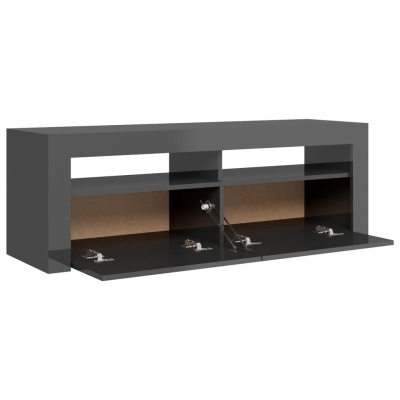 Móvel de varanda cinzento com compartimentos e portas basculantes abertas