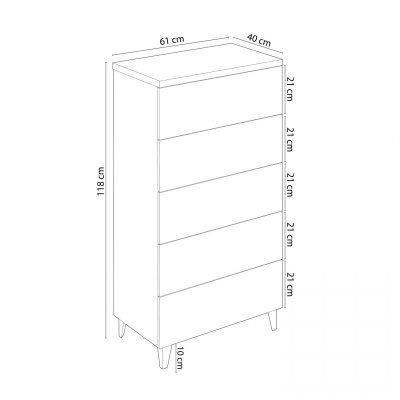 Diagrama técnico de cómoda alta com cinco gavetas e dimensões