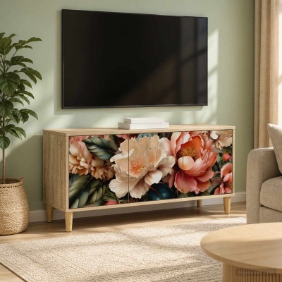 Móvel de madeira clara com portas decoradas com padrão floral colorido sob TV de ecrã plano numa sala iluminada.