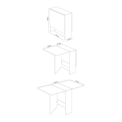 Desenho técnico de mesa dobrável branca com dimensões e várias aberturas