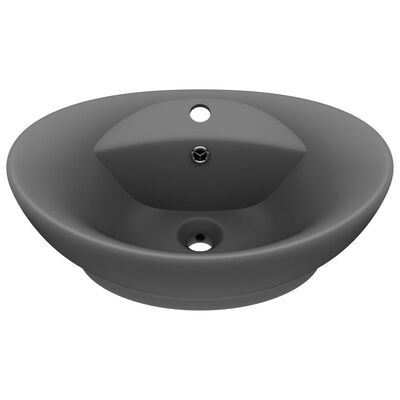 Lavatório oval cinzento escuro em cerâmica com dois orifícios e fundo branco