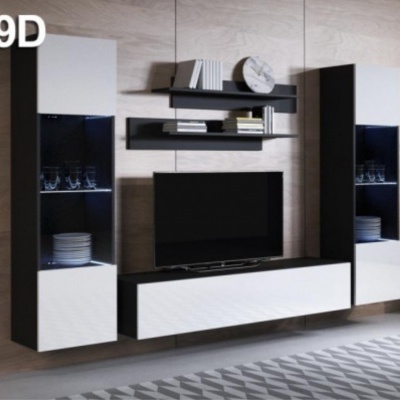 Conjunto de móveis para sala de estar preto e branco com TV e prateleiras suspensas