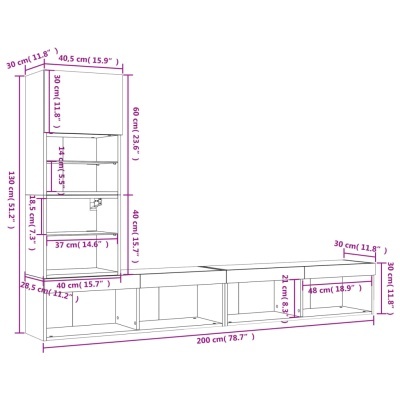 Esquema técnico de móvel modular com dimensões em cm e polegadas