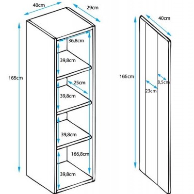 Esquema de armário alto com prateleiras e dimensões em centímetros.