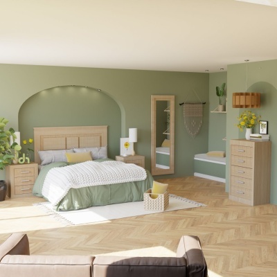 Quarto moderno com móveis de madeira clara, cama com roupa de cama verde e branca e decoração com plantas