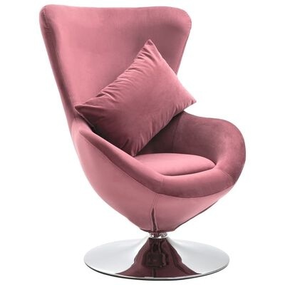 Cadeira egg chair rosa em veludo com almofada e base metálica redonda