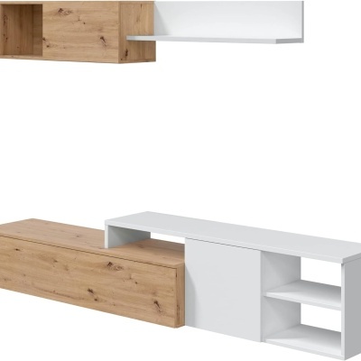 Conjunto de móveis para sala em madeira clara e branco com prateleira suspensa e unidade baixa