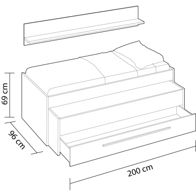 Desenho técnico de cama branca com cama auxiliar e gaveta inferior, prateleira na parede e medidas indicadas.