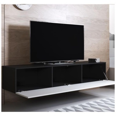 Móvel de TV preto e branco suspenso com três compartimentos e TV de ecrã plano sobre ele