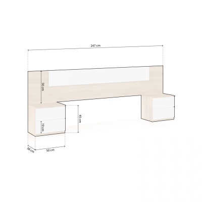 Móvel de madeira clara com gavetas brancas e faixa branca, medidas marcadas