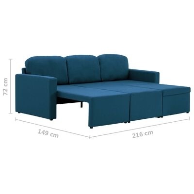 Sofá-cama azul estofado com três almofadas de encosto e assento extensível