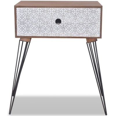 Mesa de apoio com gaveta decorativa branca e pernas metálicas pretas